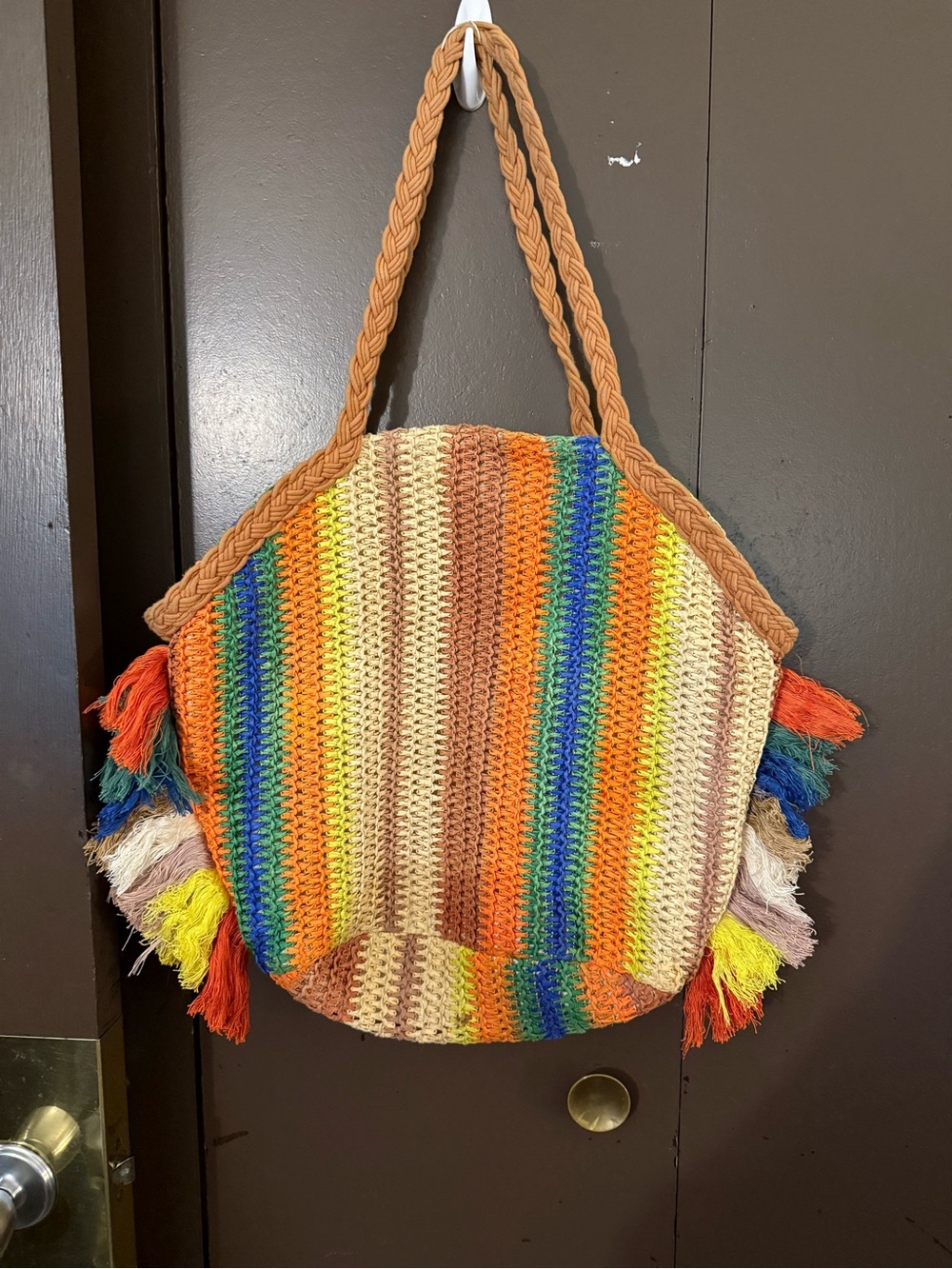 Shade & Shore Striped Crochet Tote in Orange, Yellow, Blue, Green, Cream
